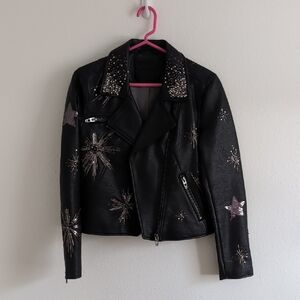 Beaded Black Faux Leather Moto Jacket